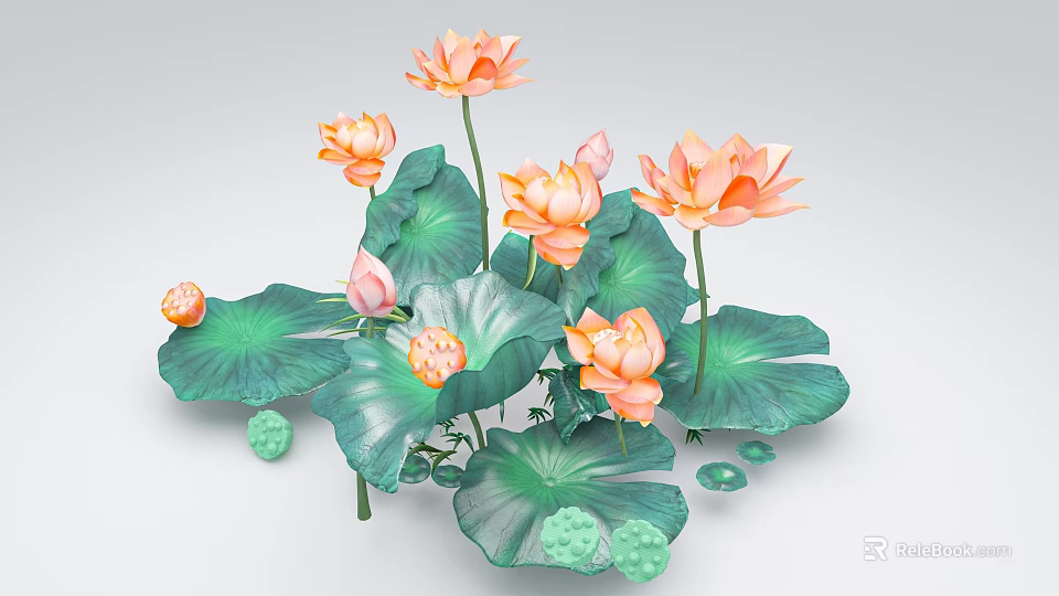 Aquatic Plants With Blooming Pink Lotus Flowers And Green Lily Pads In Water 3d model 