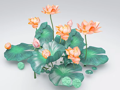 Aquatic Plants With Blooming Pink Lotus Flowers And Green Lily Pads In Water 3d model
