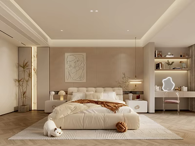 Elegant Modern Bedroom Interior Design With Large Bed Line Art Rug And Green Plant 3d model