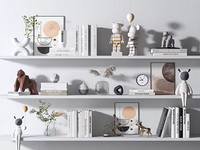 Stylish Decorative Ornament Set with Books Figurines Plants Clock Photo Frames Vases on White Shelves 3d model