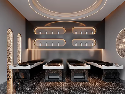 Modern Beauty Salon Interior With Treatment Beds Illuminated Shelves Matte Walls And Circular Ceiling Lights 3d model