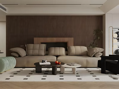 Modern Living Room Interior Design With Beige Sofa Wooden Wall Fireplace And Checkered Rug 3d model