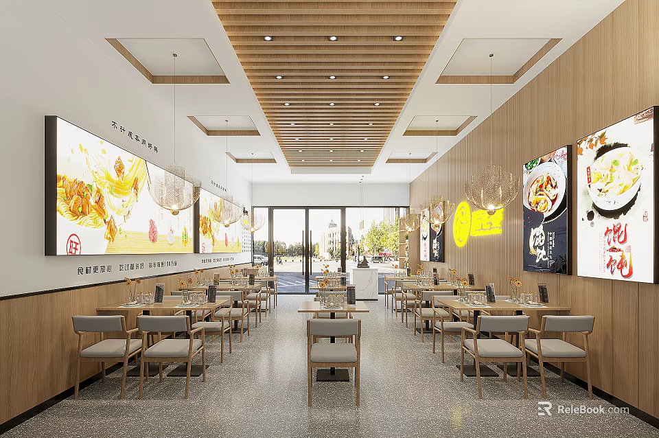 Modern Bright Restaurant Interior With Wooden Decor Dining Tables And Wall Food Posters 3d model 