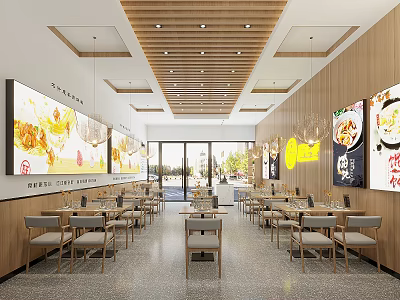 Modern Bright Restaurant Interior With Wooden Decor Dining Tables And Wall Food Posters 3d model