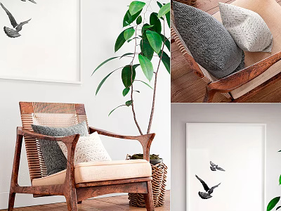 Comfortable Wicker Accent Chair With Wooden Frame Soft Cushions And Bird Print Decorative Art 3d model