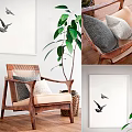 Comfortable Wicker Accent Chair With Wooden Frame Soft Cushions And Bird Print Decorative Art