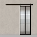 Modern Black Frame Barn Door With Grid Design On Sliding Track Light Colored Wall 3d model