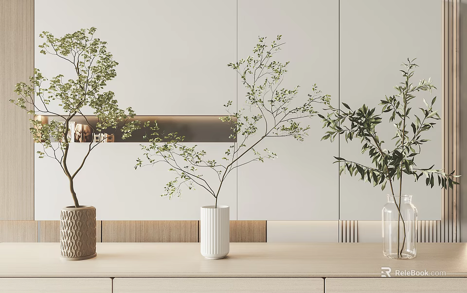Modern Interior With Woven White Transparent Glass Vases And Green Leaf Branches On Wooden Cabinet 3d model 