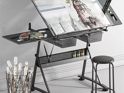 Musical Instruments and Art Paint Brushes on Organized Easel Workstation with Storage Stool 3d model