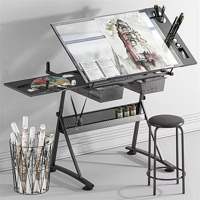 Musical Instruments and Art Paint Brushes on Organized Easel Workstation with Storage Stool 3d model