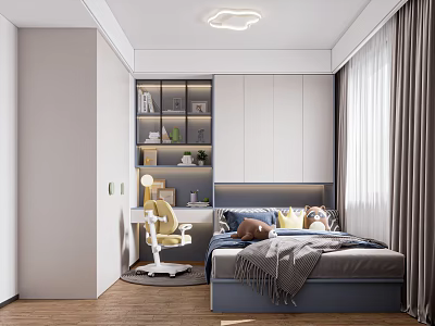 Tatami Bedroom Interior Design With Bed Bookshelf Desk Chair And Curtains 3d model