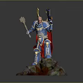 Detailed Character In Blue Armor Holding Hammer And Gun Standing On Rock Base