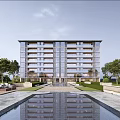 Modern Residential Building With Glass Facade Landscaped Gardens Reflection Pool Surrounded By Trees
