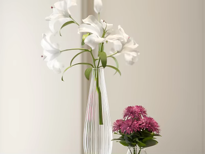 White Lilies in Transparent Striped Vase with Pink Chrysanthemums in Small Green Vase 3d model