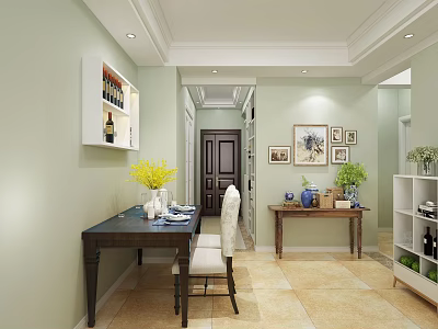 Cozy Dining Room Interior With Light Green Walls Dining Table Chairs And Decorative Paintings 3d model