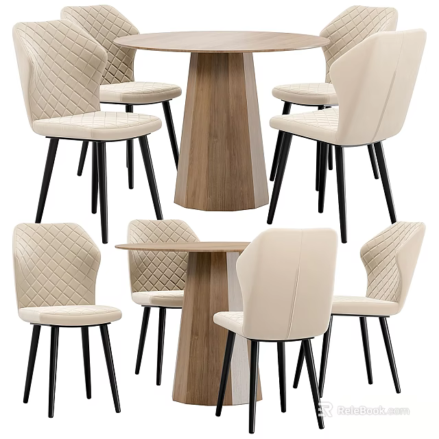 Dining Table Set With Beige Quilted Chairs Black Legs And Wooden Pedestal Design 3d model 