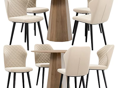 Dining Table Set With Beige Quilted Chairs Black Legs And Wooden Pedestal Design 3d model