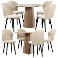 Dining Table Set With Beige Quilted Chairs Black Legs And Wooden Pedestal Design