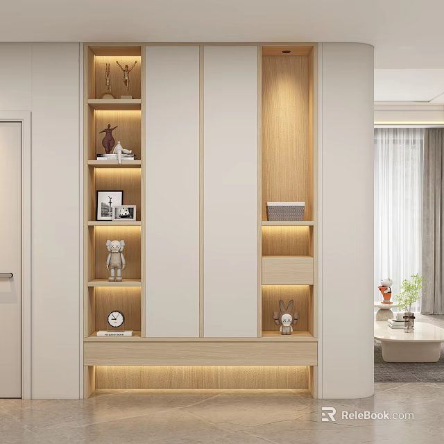 Modern Minimalist Wooden Shoe Cabinet With LED Lighting And Decorative Storage Shelves 3d model 