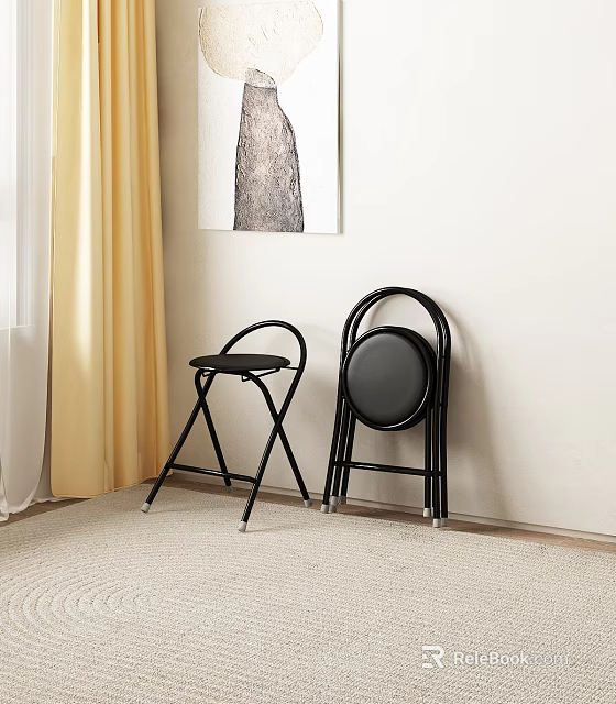 Black Foldable And Round Seat Stools By White Wall With Yellow Curtains Light Carpet 3d model 