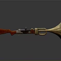 Unique Firearm Horn Hybrid Device With Red Wooden Stock And Brass Bell