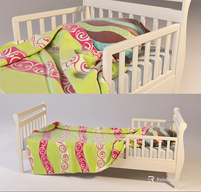 White Wooden Kids Bed with Colorful Swirl Pattern Blanket in Pink Green Brown 3d model 