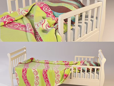 White Wooden Kids Bed with Colorful Swirl Pattern Blanket in Pink Green Brown 3d model