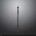 Decorative Polearm Weapon With Multi Tiered Structure And Red Black Gold Accents