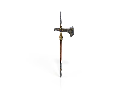 Medieval Battle Weapon with Double Headed Axe Spear Tip and Ornate Wooden Handle 3d model