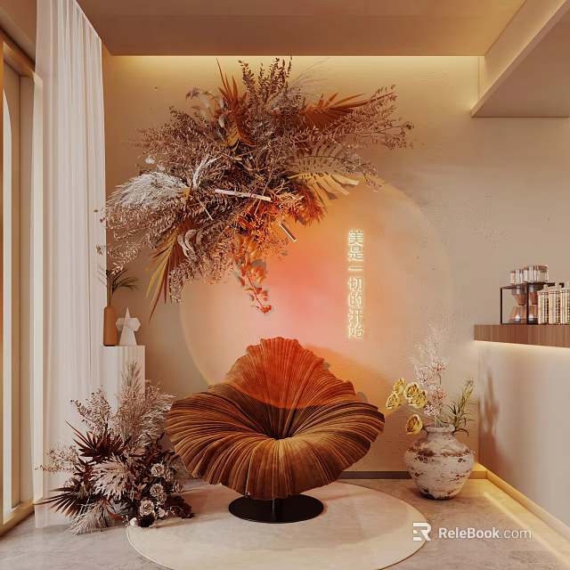 Modern Luxury Beauty Salon Interior With Fan Shaped Velvet Chair And Floral Decor 3d model 