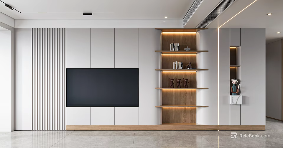 Modern TV Wall Interior Design With White Panels Wooden Shelves And Built-in Lighting 3d model 