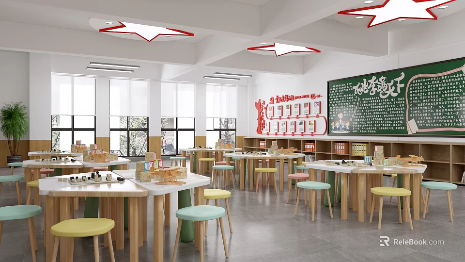 School Classroom Interior Featuring Blackboard Red Star Ceiling Decor Windows And Bright Lighting 3d model