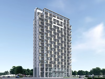 Modern High Rise Office Building With Glass Facade And Surrounding Trees Under Blue Sky 3d model