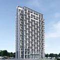 Modern High Rise Office Building With Glass Facade And Surrounding Trees Under Blue Sky