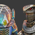 Snake Headed Egyptian Warrior in Ornate Armor Holding Spear with Blue Gold Details