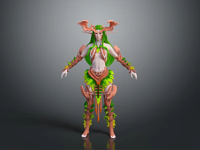 Mythical Plant Based Creature Character With Green Hair Antler Like Horns And Leafy Armor Details 3d model