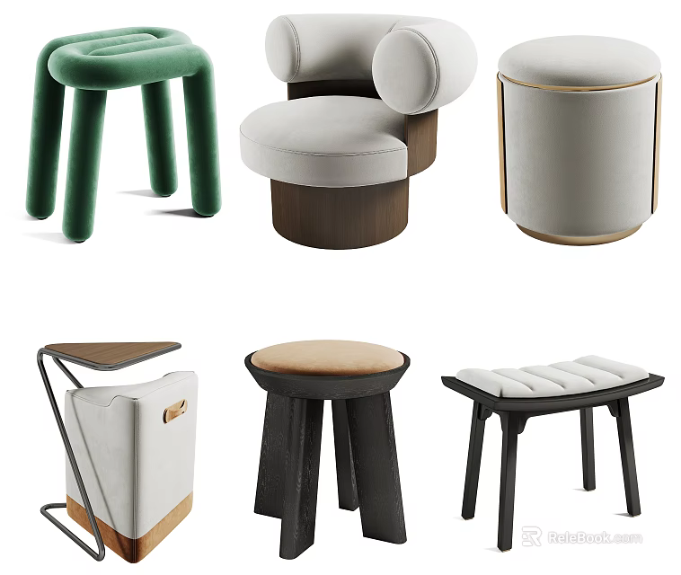 Different Designed Sofa Stools With Green Legs Round Backrest And Padded Seats 3d model 