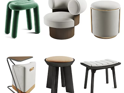 Different Designed Sofa Stools With Green Legs Round Backrest And Padded Seats 3d model