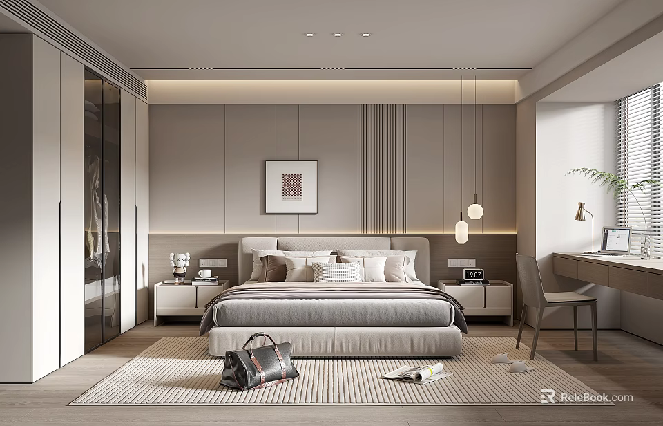 Modern Bedroom Interior Design With Bed Nightstands Wardrobe Pendant Lights And Area Rug 3d model 