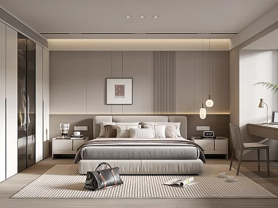 Modern Bedroom Interior Design With Bed Nightstands Wardrobe Pendant Lights And Area Rug 3d model