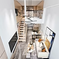Modern Loft Apartment With Wooden Staircase Living Room Sofa Coffee Table And Artwork
