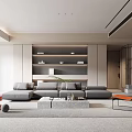 Modern Minimalist Living Room Interior With Gray Sofa Orange Accent Chair And Built in Shelves