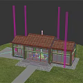 Small Brick Building With Brown Roof Tall Poles Large Windows And Green Grass Area