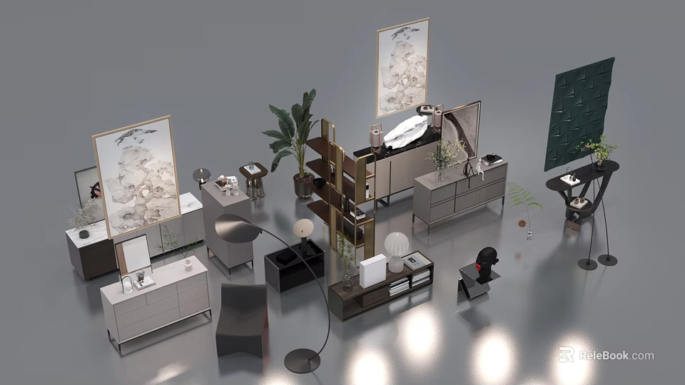 Elegant Decorative Ornament Collection For Home Display With Shelves Plants And Lamps 3d model 
