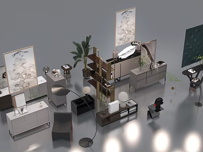 Elegant Decorative Ornament Collection For Home Display With Shelves Plants And Lamps 3d model