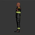Firefighter in Uniform With Reflective Stripes Yellow Gloves and Black Boots Standing Against Gray Background