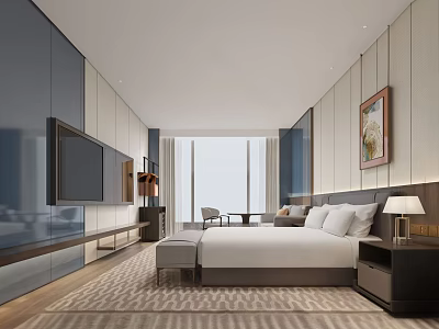 Modern Hotel Room Featuring King Bed TV Large Window And Decorative Artwork 3d model