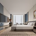 Modern Hotel Room Featuring King Bed TV Large Window And Decorative Artwork