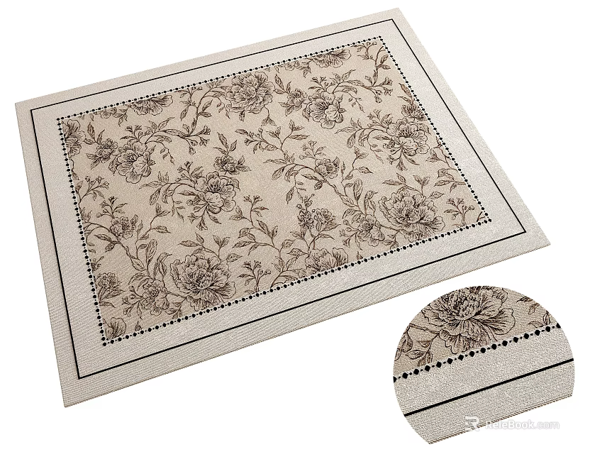 Beige Square Rug With Detailed Floral Pattern And Classic Border Design 3d model 