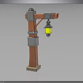 Wooden Lamp Post With Metal Braces Blue Top Finial Yellow Lantern And Square Base